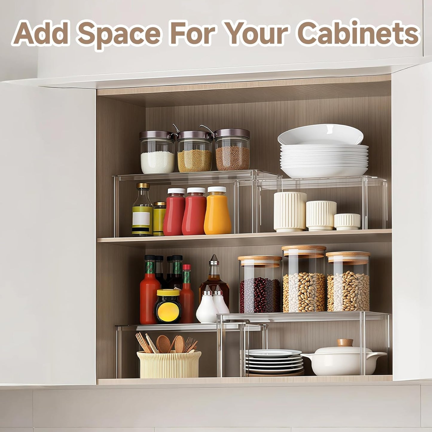 Clear Kitchen Cabinet Organizer, Set of 4 Stackable Spice Rack, Acrylic Shelves for Pantry Organizers and Storage, Tiered Spice Organization for Cabinet, Shelf Organizer for Desk Countertop