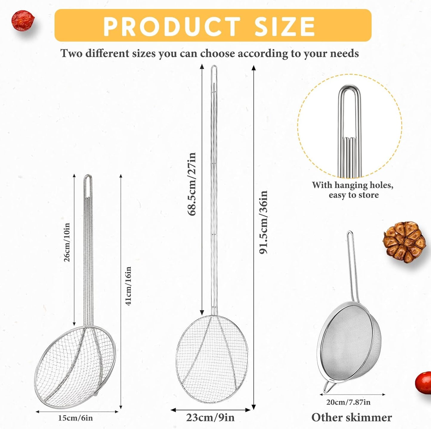 Baderke 2 Pcs 16 Inch Stainless Steel Skimmer Round Plated Wire Strainer Fryer Spoon Mesh Stirring with Long Handle for Kitchen Fried Food Cooking Straining Frying