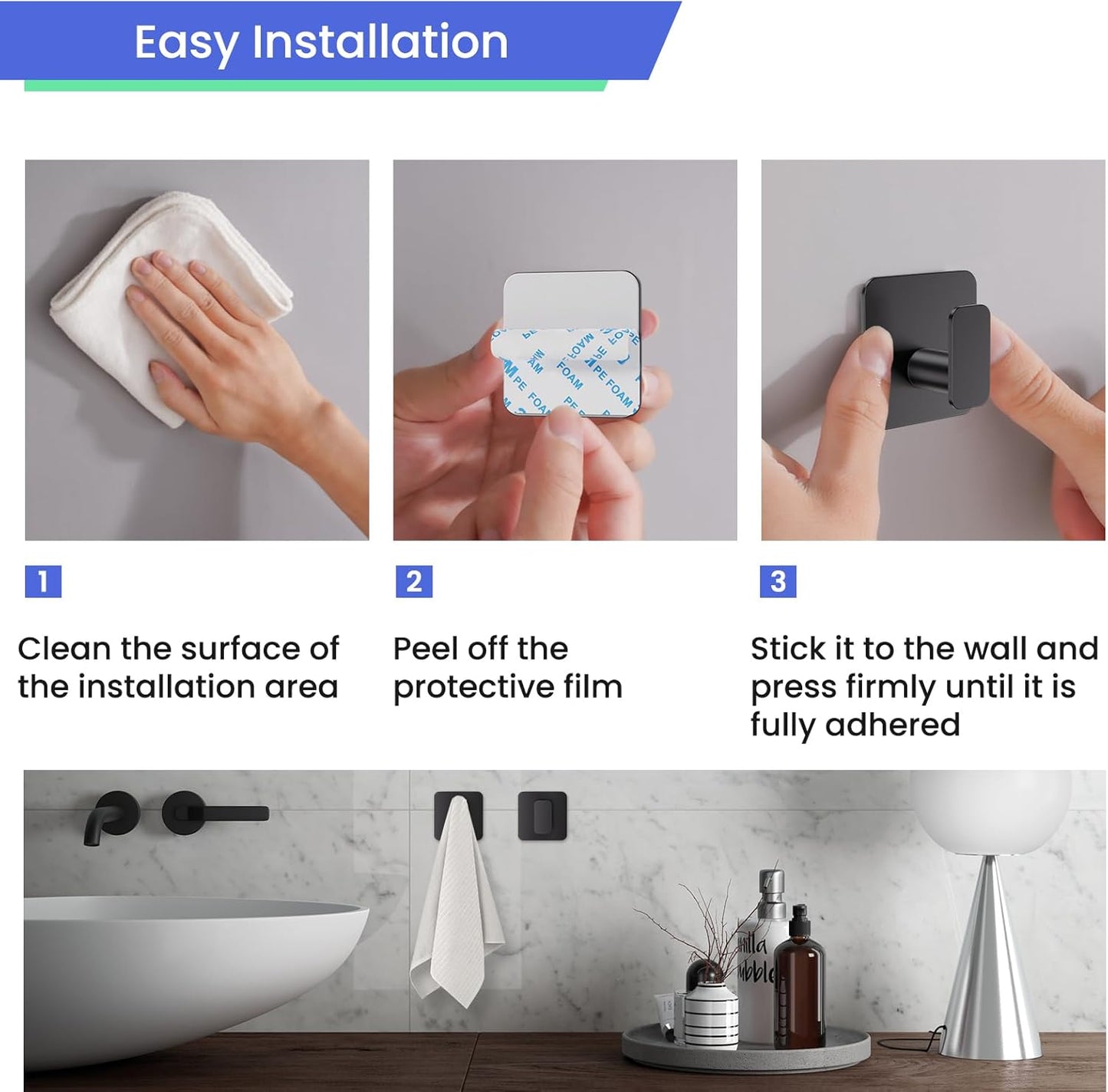 Black Hooks for Hanging Heavy Duty, Adhesive Hooks for Shower, Bathroom, Kitchen, Robe, Towel, Coat, Waterproof & Rustproof Hook for Walls No Damage, Stainless Steel Sticky Hook - 6 Pack