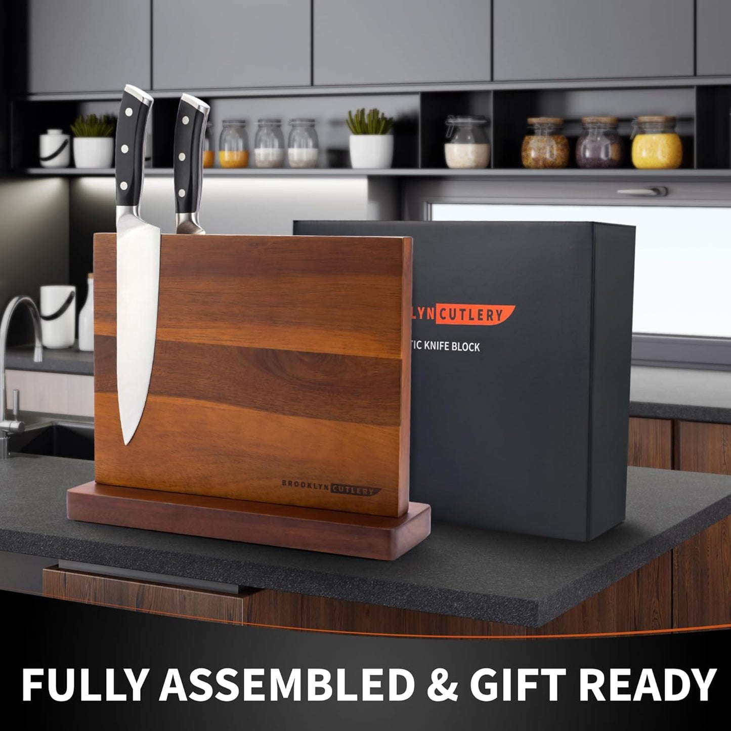 Magnetic Knife Block, Acacia Wood Magnetic Knife Holder for Kitchen Counter Universal Knife Block Without Knives (12 x 10)