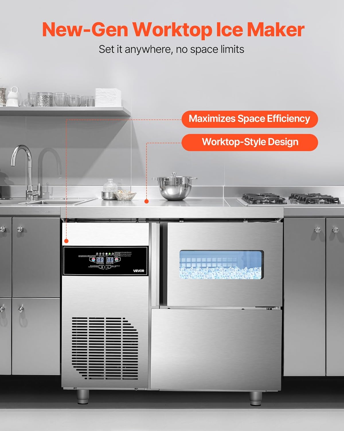 VEVOR Commercial Ice Maker Machine, 132 lbs/24H Stainless Steel Ice Machine with Worktop, 30 lbs Ice Storage Bin & Touch Screen, Self-Cleaning Freestanding Ice Making for Home Bar Restaurant Kitchen