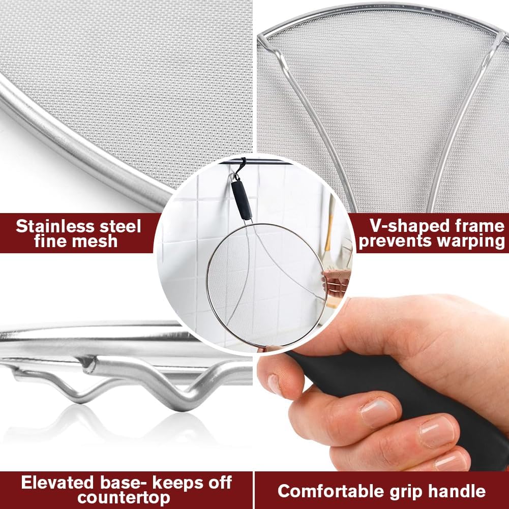 Splatter Screen for Cooking, Perforated Stainless Steel,13 Inch Stainless Steel Grease Splatter Guard, Comfortable Grip, Shield from Splashing Oil