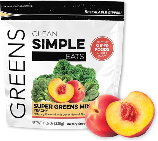 Clean Simple Eats Super Greens Powder, Naturally Flavored Greens Powder with Chlorella, Spirulina, Superfoods & Prebiotic Fiber, No Artificial Ingredients, Gluten Free, Peachy Greens Flavor, 30 Srvgs