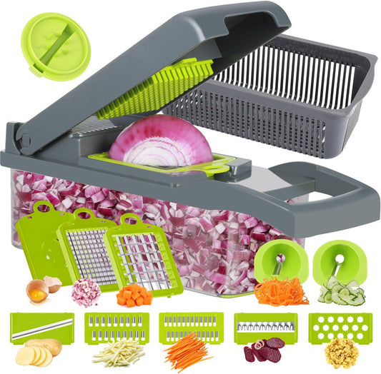 Ourokhome Vegetable Chopper Onion Cutter, 14 in 1 Professional Mandolin Slicer for Kitchen, Multifunctional Food Chopper for Potato, Tomato, Veggie with Strainer Basket, 10 Blades, Gray