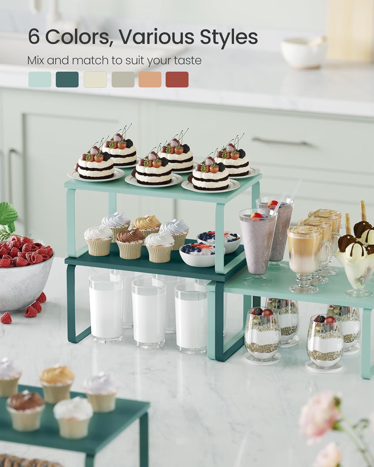 SONGMICS Cabinet Organizer Shelf, Set of 2 Kitchen Counter Shelves, Kitchen Storage, Spice Rack, Stackable, Expandable, Metal and Engineered Wood, Moonlight Green UKCS002C01