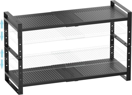 Expandable Shoe Rack Stackable Metal Pantry Storage Shelves Stand Adjustable Height Cabinet Shelf Organizer Racks Spice Shelving(2PACKS/BLACK,MEDIUM)