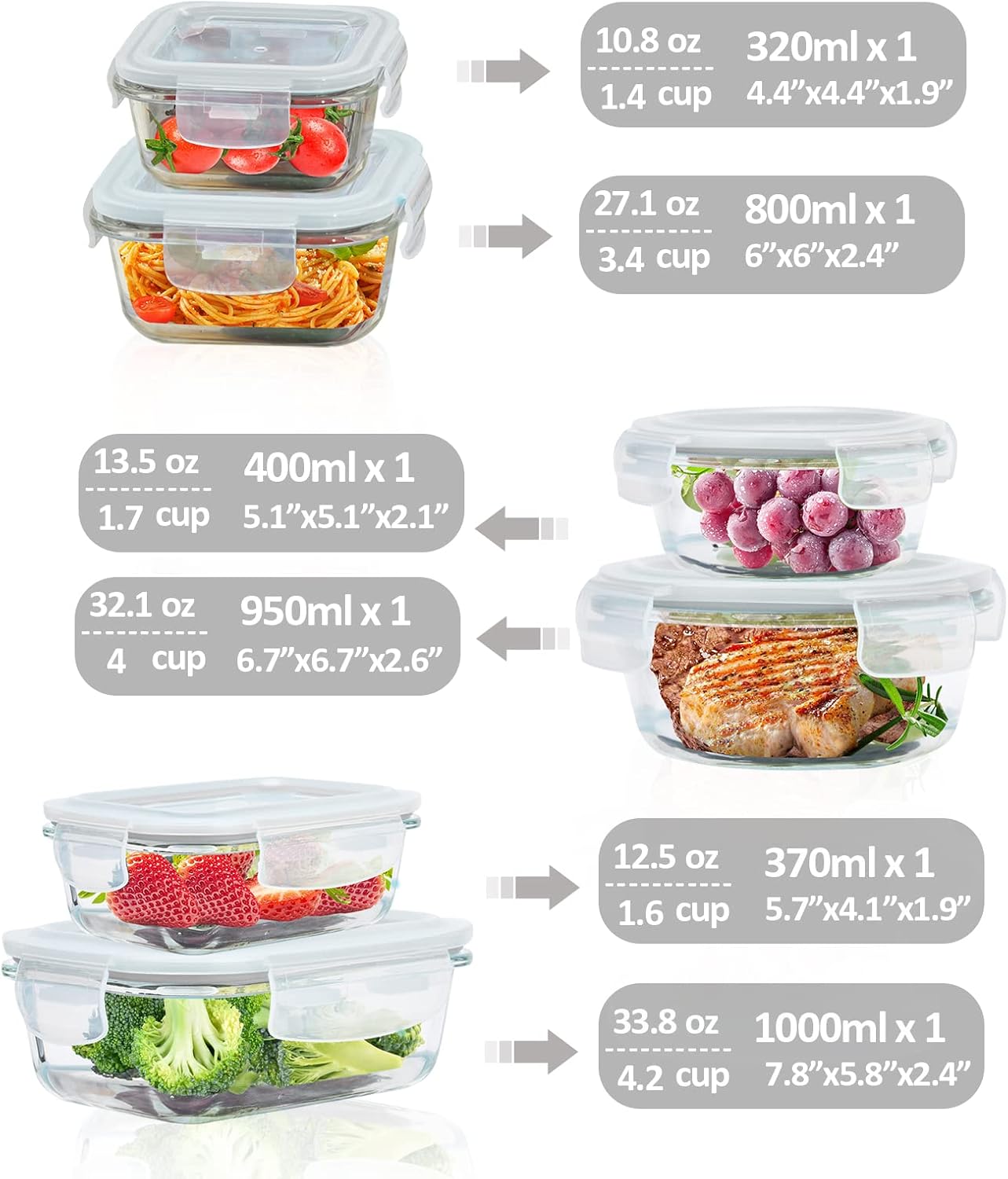 Glass Food Storage Containers with Lids Airtight 6 Pack, Glass Storage Containers with Lids for Food, Not Easy Broken & Leak Proof, Oven/Dishwasher Safe, Grey