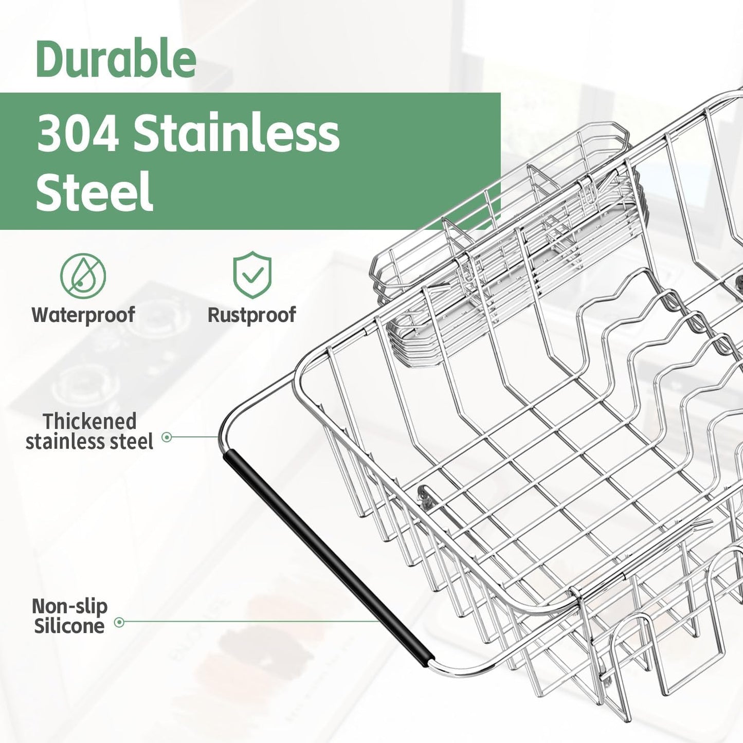 Dish Drying Rack in Sink, Extendable Stainless Steel Dish Drainers for Kitchen Counter, Anti-Rust Dish Dryer Rack with Utensil & Cup Holders, for Inside Sink, Over The Sink