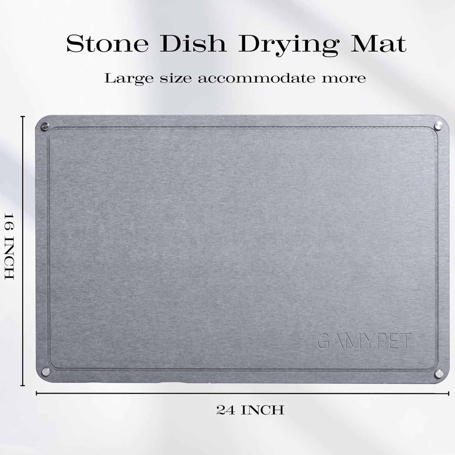 Stone Dish Drying Mat 24"×16" Large Diatomaceous Earth Dishes Quick Dry Pad for Kitchen Counter with Heighten Stainless Steel Feet, Fits Various Countertops & Drain Bowl Racks, Dark Gray