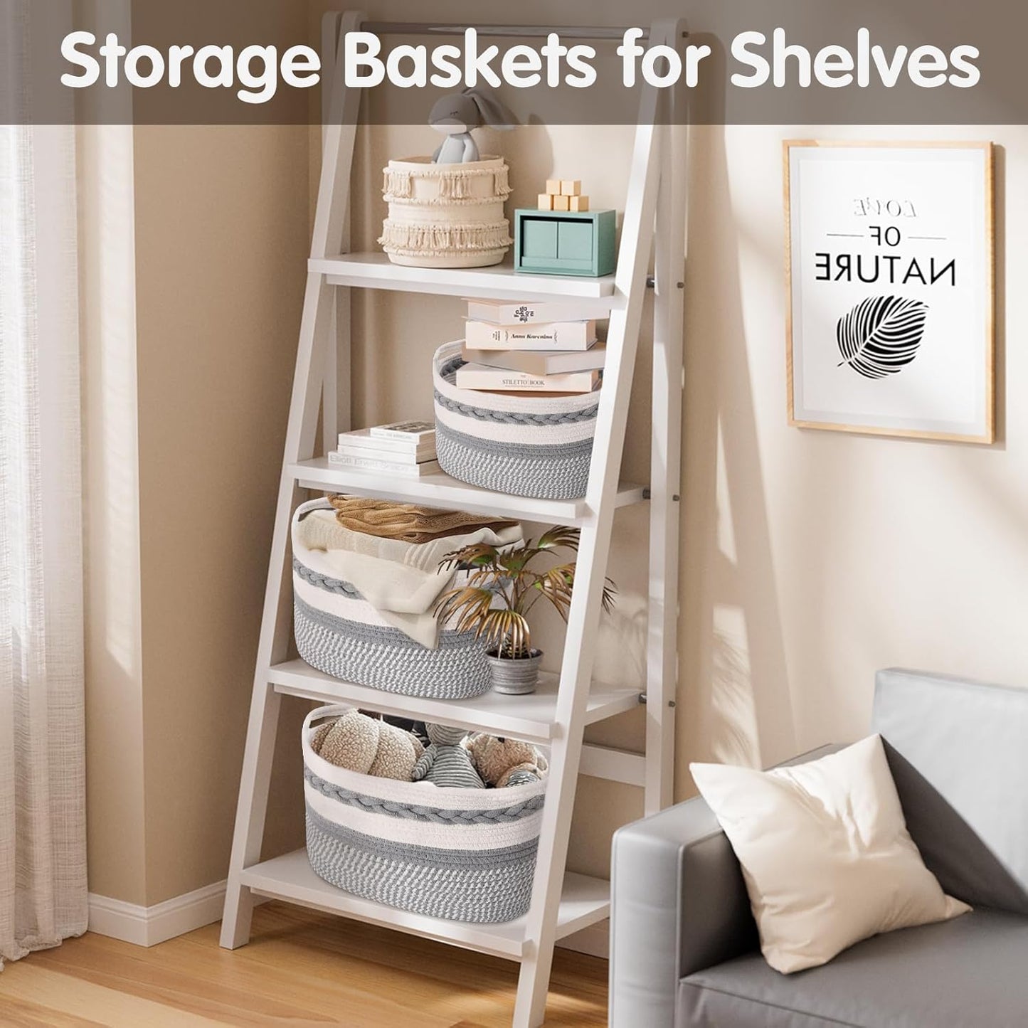 Woven Storage Basket, 3 Pack Grey Rope Basket for Shelves, HandWoven Cotton Rope Basket with Built-in Handles and Labels for Bathroom, Bedroom, Laundry, Pantry, Shelves