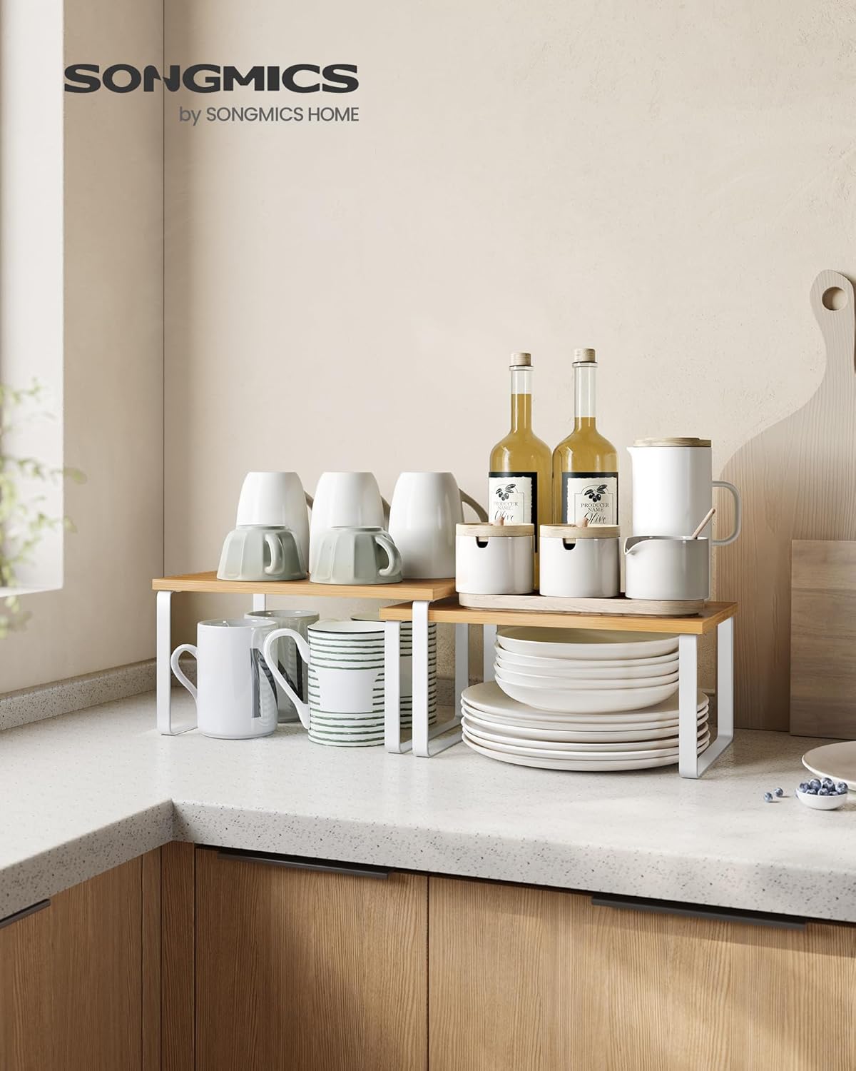 SONGMICS Cabinet Organizer Shelf, Set of 2 Kitchen Counter Shelves, Kitchen Storage, Spice Rack, Stackable, Expandable, Metal and Engineered Wood, Cloud White and Natural Beige UKCS02NW