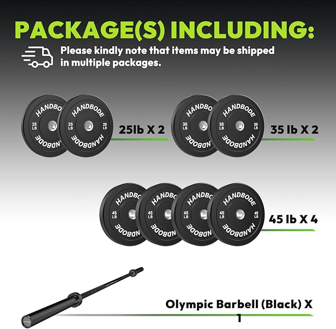 Olympic Bumper Plates Set 2 Inch, 10-55 lbs Rubber Weight Plates with 45 lb (20kg) Black/Silver Barbell, Strength Training & Weight Lifting for Home Gym