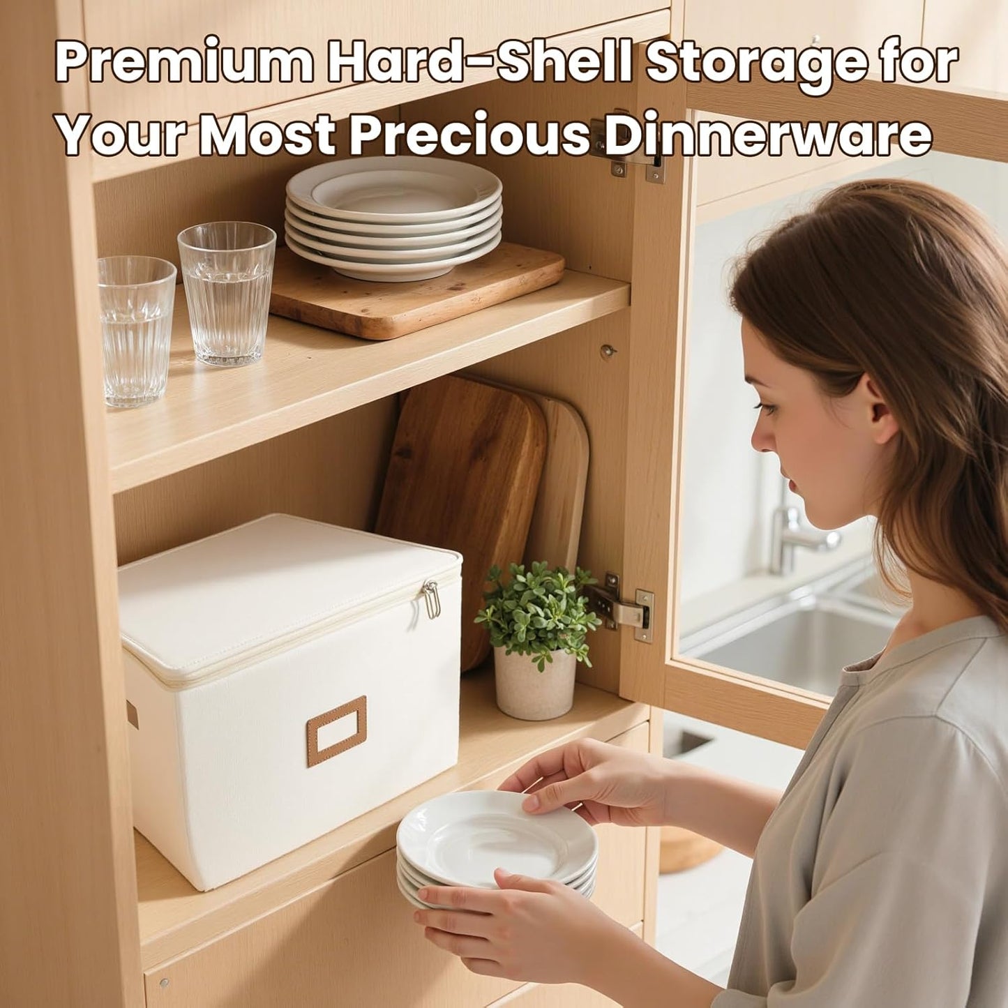 HOMELUX THEORY Flatware Storage Hard Shell China Storage Containers - Ivory Silverware Organizer, Cutlery & Silverware Storage Box with 5 Dividers & Lid, Packing Heavy Duty Moving Box with Handles