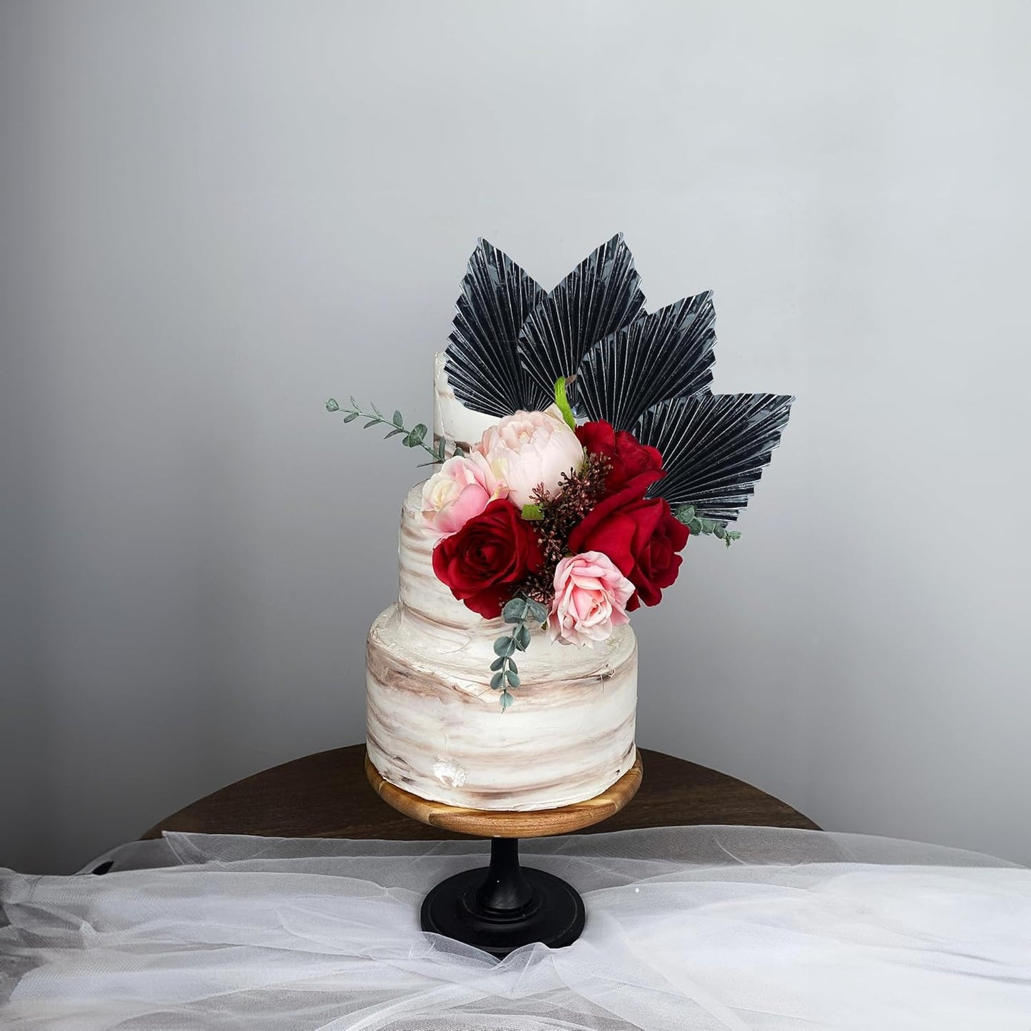 Gyufise 6Pcs Paper Palm Fan Cake Toppers Palm Spear Leaves Fan Cupcake Toppers Cake Insert Decorations Craft DIY Cake Bakeware Decoration for Birthday Party Wedding Party Decor Supplies Light Black