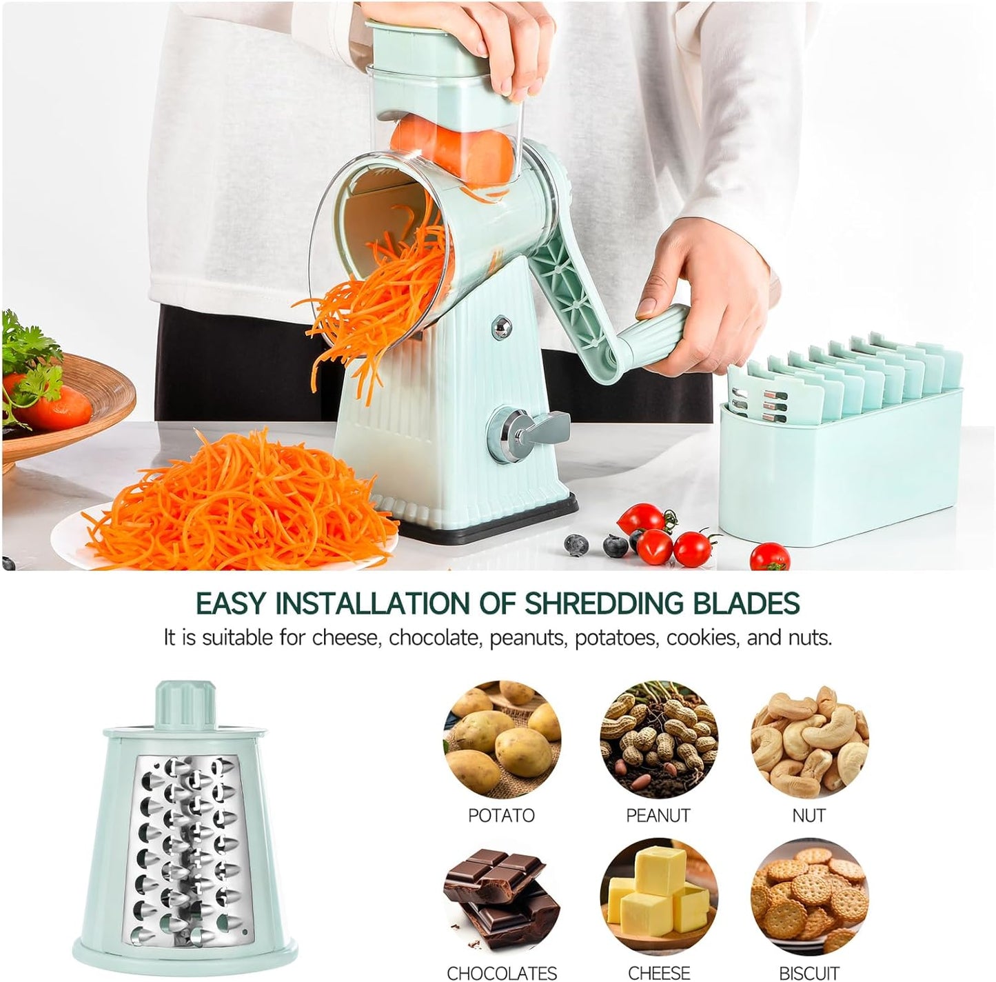Rotary Cheese Grater, Vegetable Shredder 5 in 1 Cheese Grater with Handle edder Reinforced Suction,Easy to Clean,Kitchen Chopper for Crushed Ice,Fruits and Nuts with Blade Storage Case（Green）