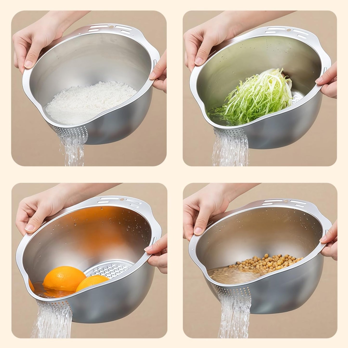 Rice Washer Strainer Bowl - 4-in-1 Washing Bowl for Quinoa, Stainless Steel Side Drainers Colander for Cleaning and Rinsing Fruits, Vegetables, and Beans - Versatile Kitchen Tool