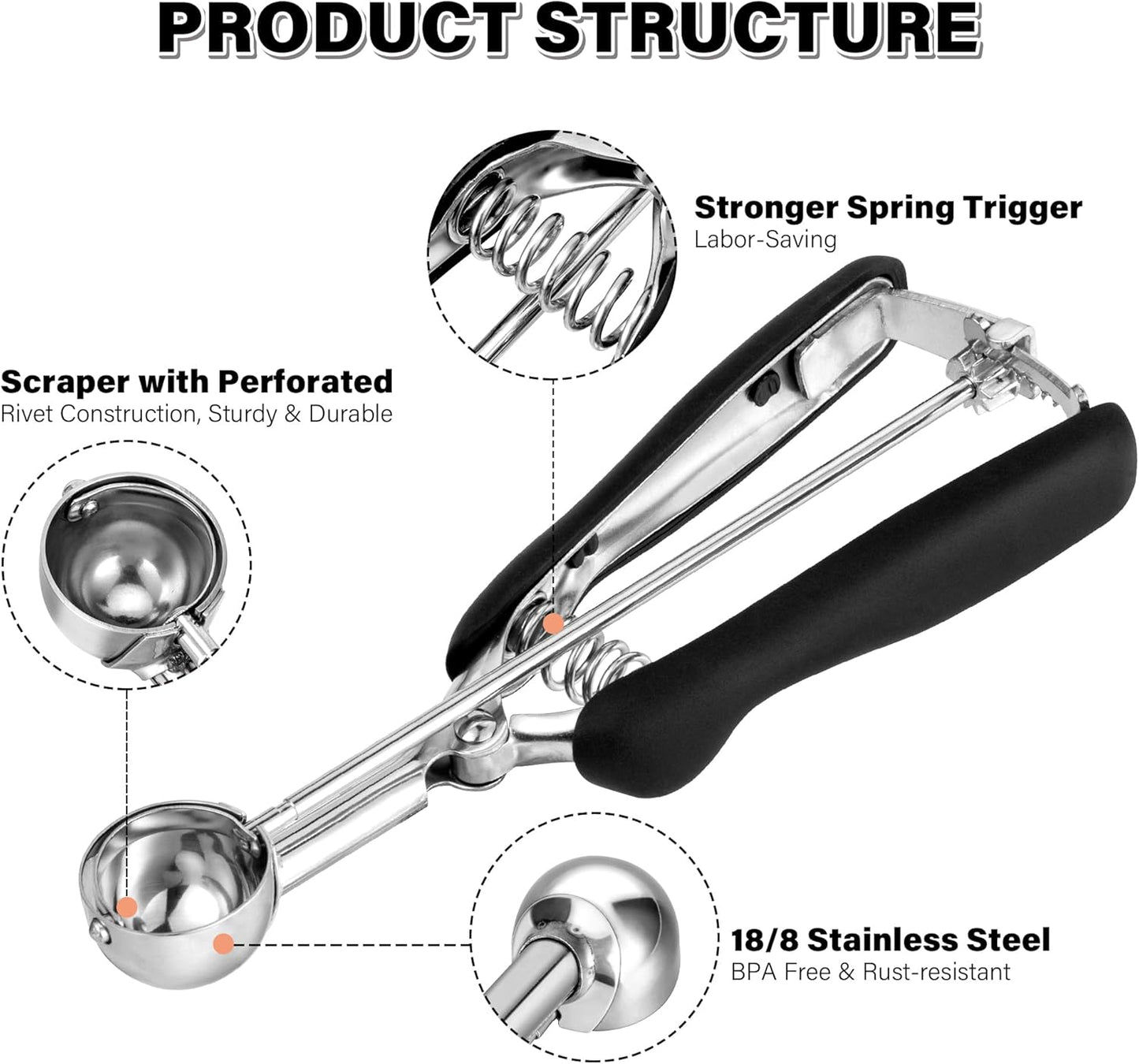 Small Cookie Scoop 2 tsp, Professional Stainless Steel Ice Cream Scoop 30 mm, Melon Baller Scoop Good Soft Grips, Quick Trigger Release