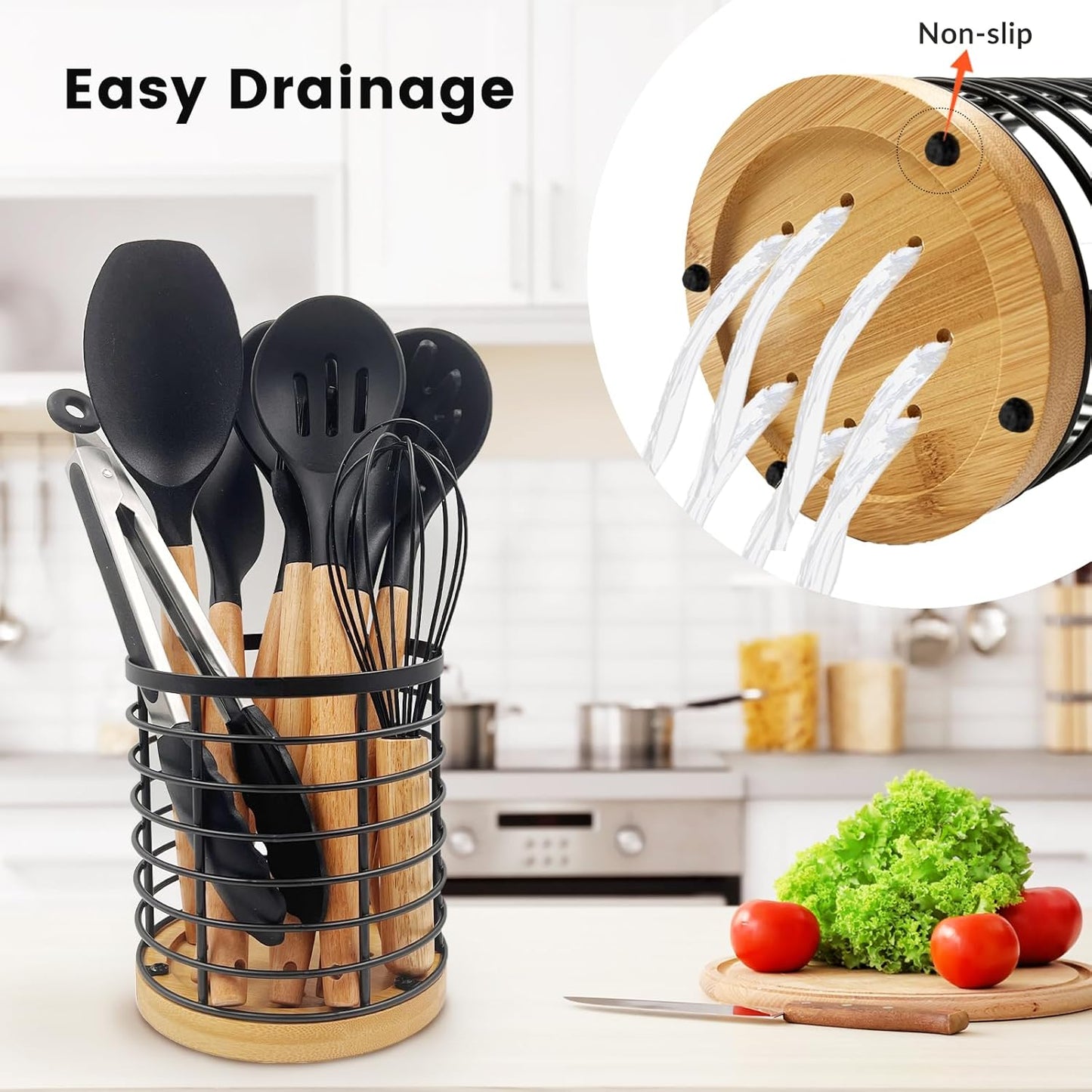 Daily Treasures 12PCS Kitchen Utensils Set,Cooking Utensils Set with Storage Holder,Kitchen Tools Made of Heat Resistant Food Grade Silicone and Wooden Handles for Nonstick Cookware