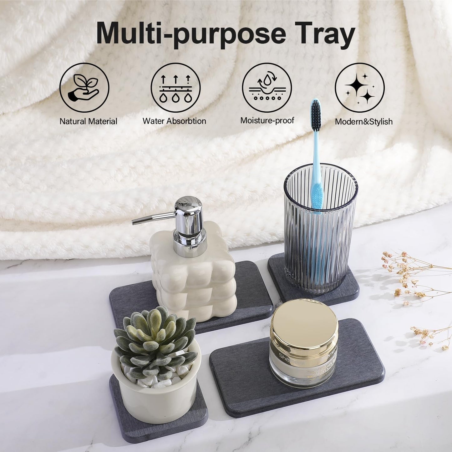 Water Absorbing Stone Tray for Sink | Quick Drying Diatomaceous Earth Coasters | Soap Dish Holder & Toothbrush Holder for Bathroom Counter | Hand Soap & Plant & Toiletries | Dark Grey 4-Pack