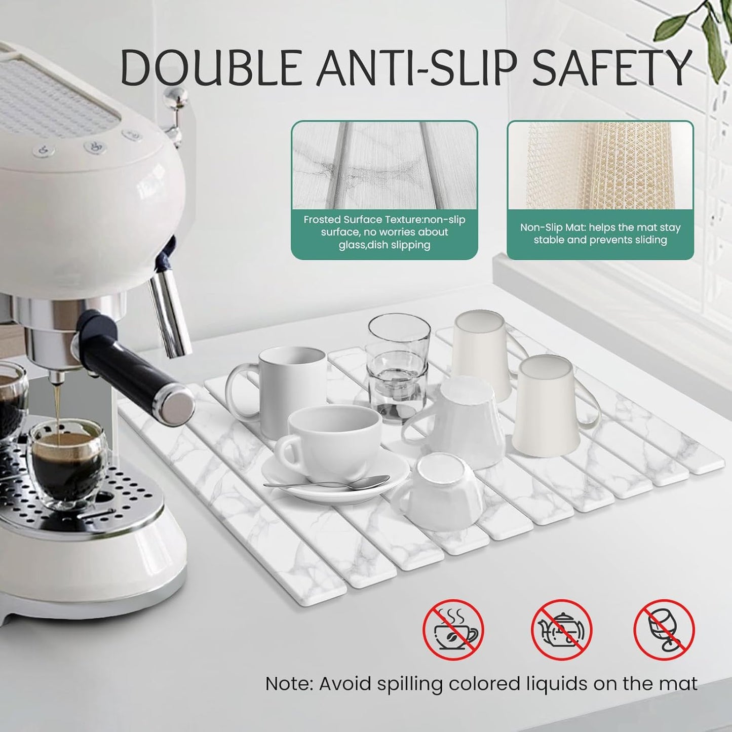 Stone Dish Drying Mat Collapsible Diatomaceous Earth Absorbent Mat Quick Dish Drying Pad Dish Rack Pad Match Any Counterto Multiple Usage for Kitchen,Bathroom (White Marble Pattern, 24"L x 16"W)