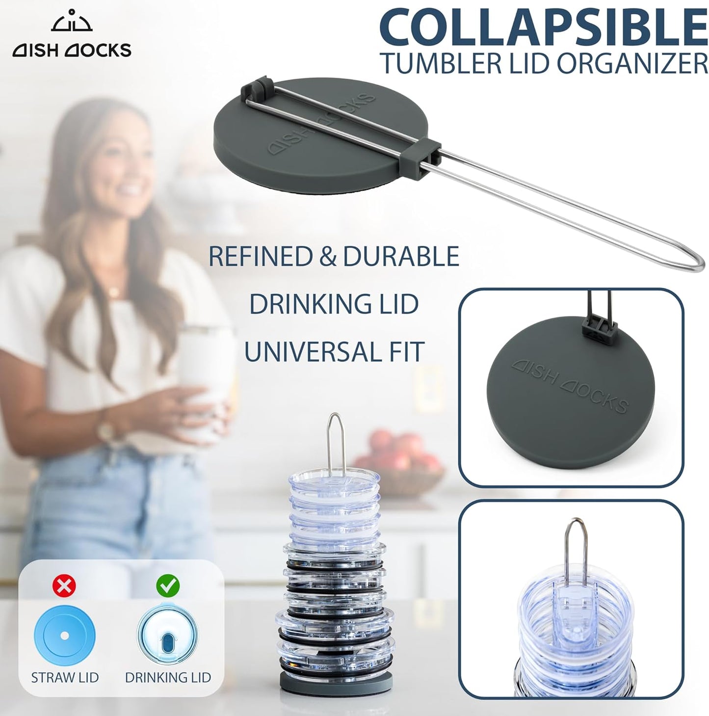 2-pk Tumbler Lid Organizer for Cabinet & Countertop - Slim Space-Saving Lid Holder with 9" Sturdy Bar & Weighted, Non-Slip Base - Vertical Storage Cup Lid Organizer - Collapsible Lid Rack for 10 Lids