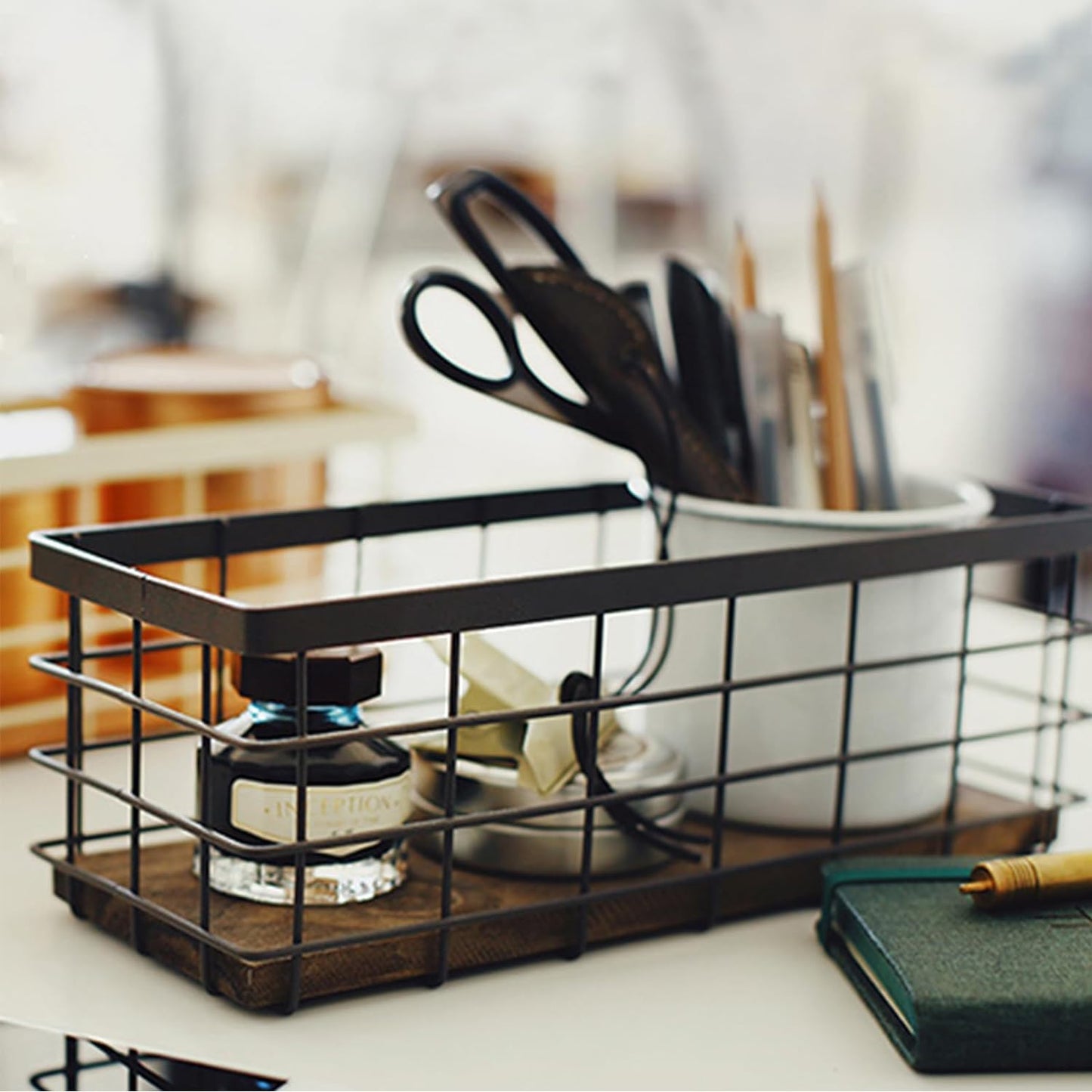 TIEYIPIN Farmhouse Small Metal Wire Storage Basket Bin, Rustic Home Storage Organizer with Wooden Bottom for Kitchen, Cabinets, Bathroom Counter, Pantry, Garage, Laundry Room - Black (4 Pack)