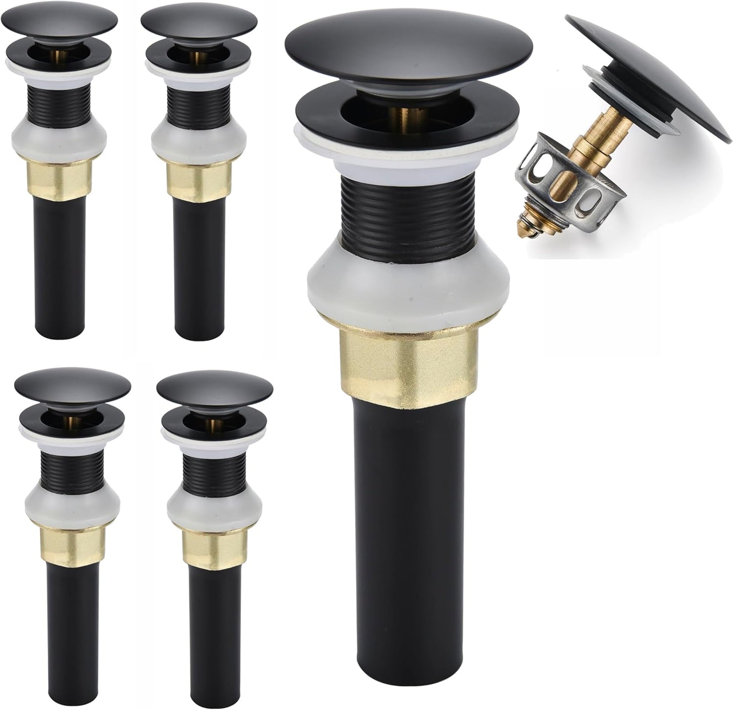 Bathroom Sink Drain,5 Pack Drain Stopper Bathroom Sink Without Overflow,Pop Up Drain Assembly with Detachable Strainer Basket,Built-in Anti-Clogging Strainer,Stainless Steel Mattle Black