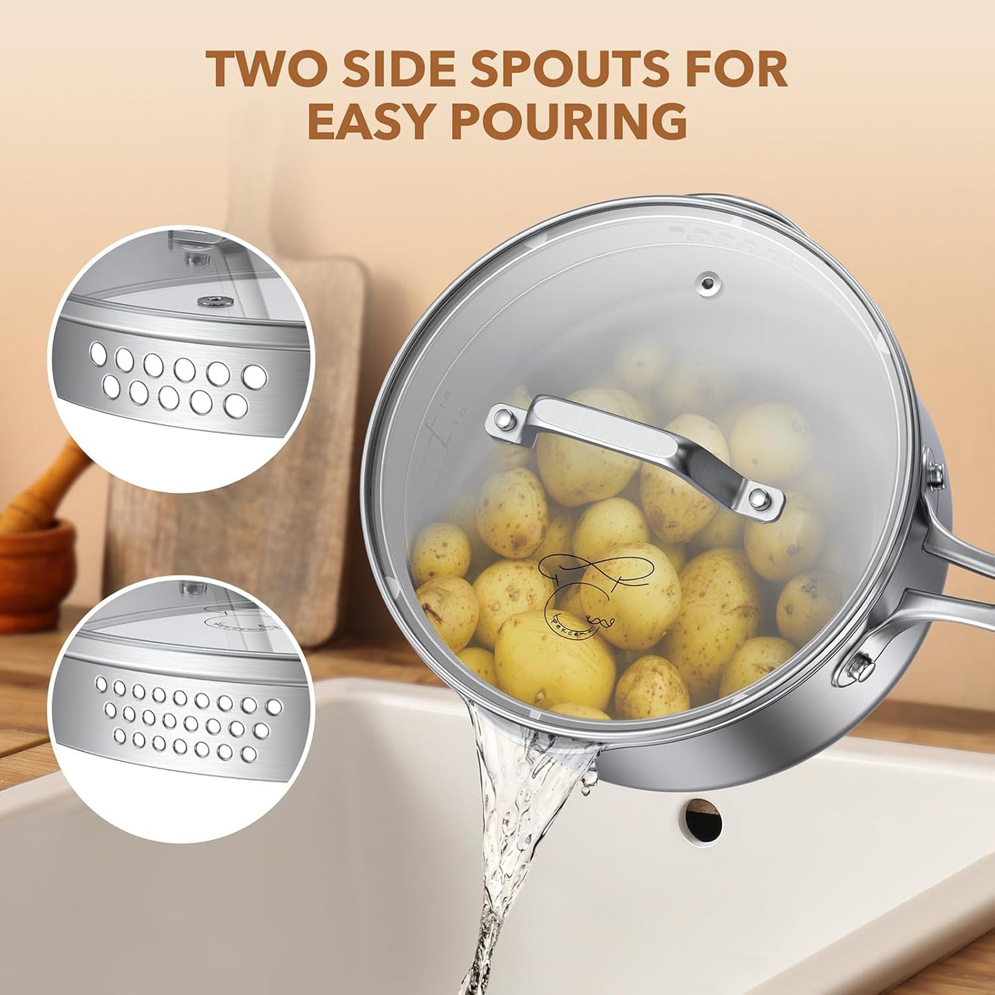 PekGema Stainless Steel Saucepan 3 Quart with Glass Strainer Lid, Thicken Tri-ply Full Sauce Pot, Two Side Spouts for Easy Pour, Dishwasher Safe, Induction Ready, Compatible with All Cooktops