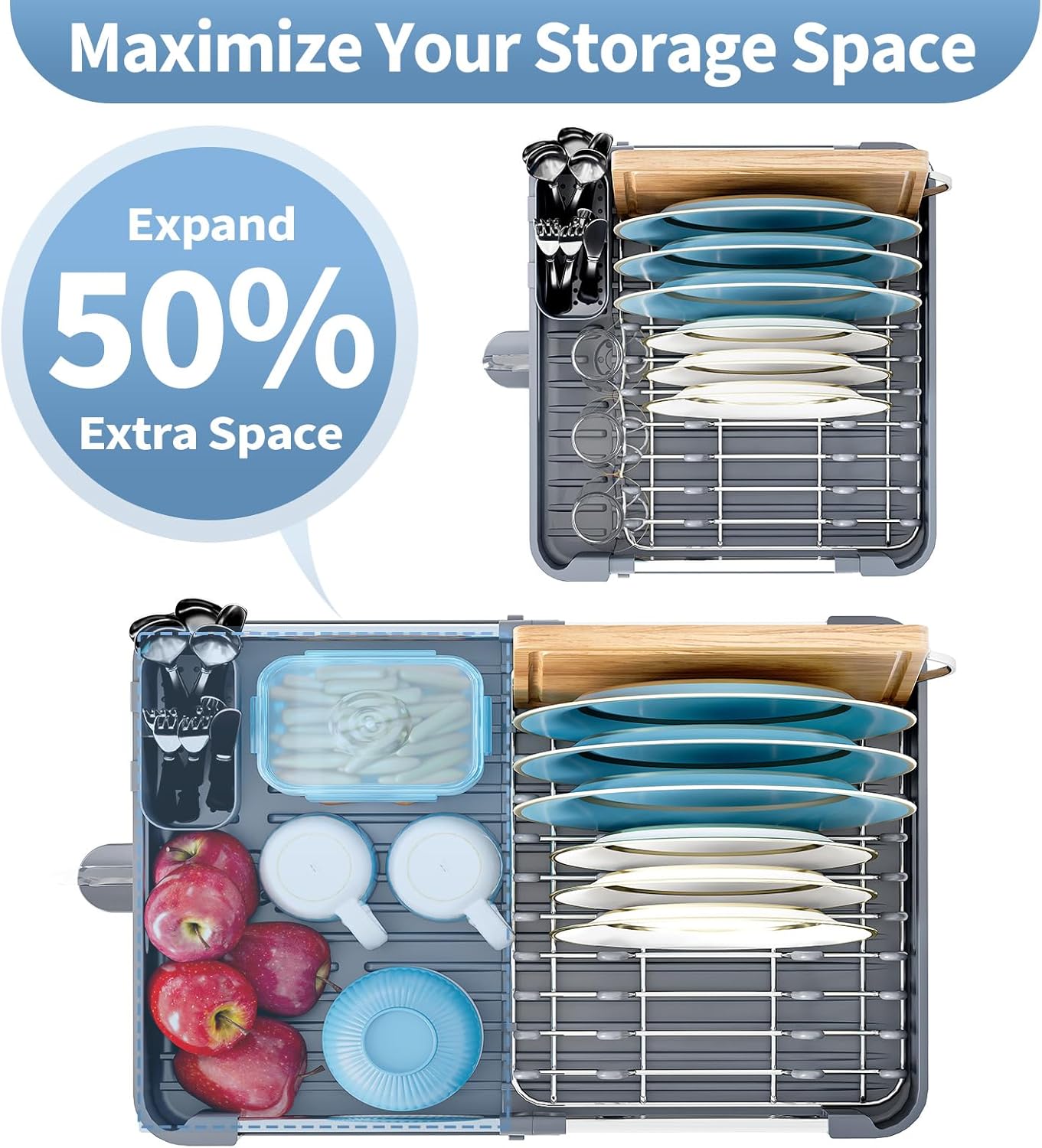 Stainless Steel Dish Drying Rack - Dish Drainer for Kitchen Counter, Extendable Drainboard with Foldable, Space-Saving Cup & Bowl Organizer, Includes Knife and Utensil Holder, Gray