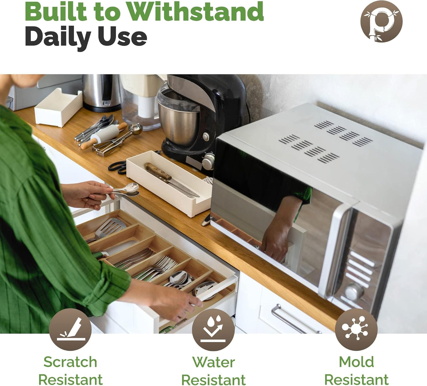 Silverware Tray for Drawer Organizer,Kitchen Drawer Organizer,Cutlery Organizer in Drawer, Flatware Silverware Holder, Expandable Adjustable Wooden Dividers (8-slots)