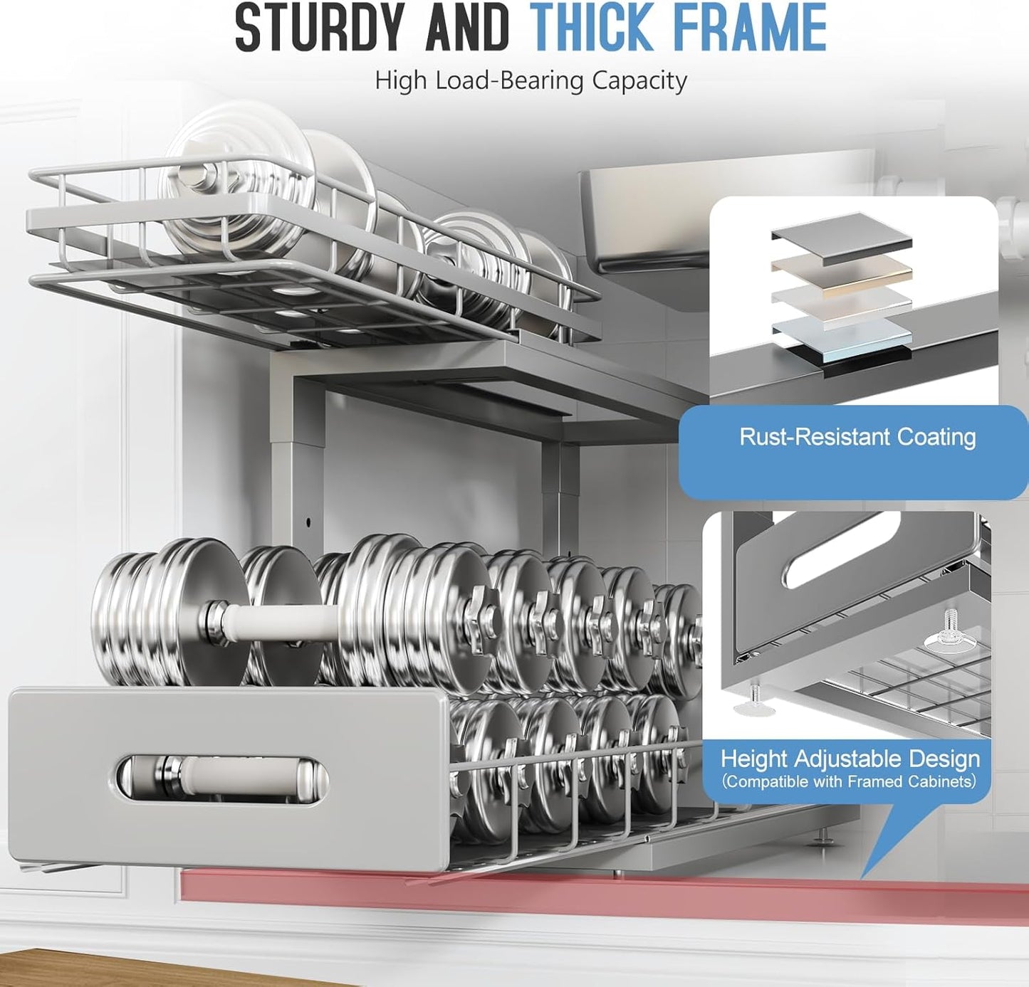 2 Pack 18 IN Depth Under Sink Organizer with Smooth Ball Bearing Slides,2-Tier Pull Out Cabinet Storage,Slide Out Drawers for Bathroom&Kitchen,Rust-resistant Coating,Height Adjustable-Gun Gray
