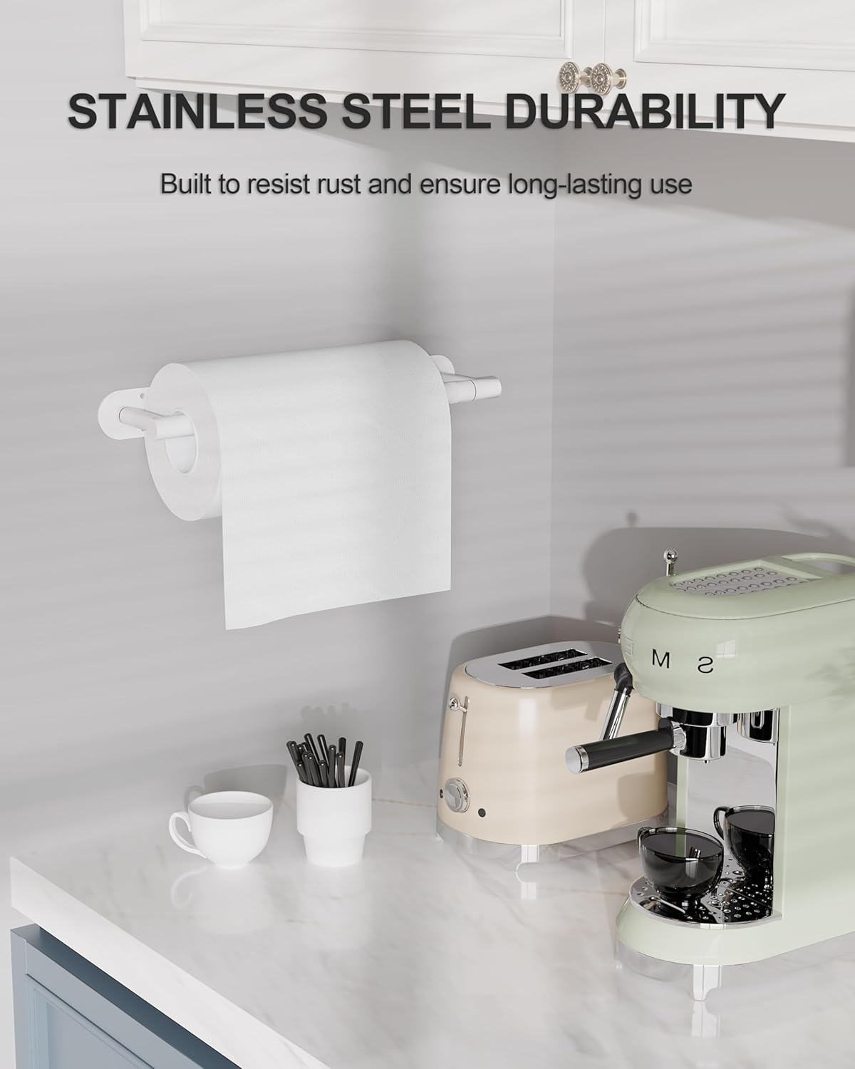 White Paper Towel Holder Under Cabinet, Self Adhesive or Wall Mounted SUS304 Stainless Steel Paper Towel Holder for Kitchen, Bathroom, Farmhouse, Barbecue and Laundry (White)