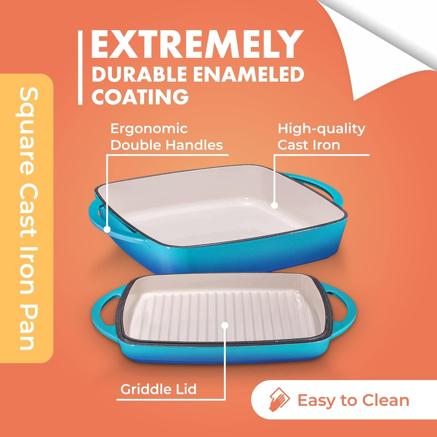 Bruntmor 2-in-1 Pre-Seasoned Square Cast Iron Dutch Oven with Dual Handles, Non Stick Pan with Grill, All-in-One Cookware Set, Cast Iron Casserole Dish with Lid for Braising Dishes,Caribbean Blue