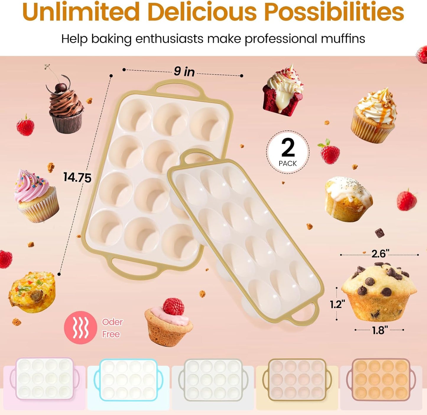 Silicone Muffin Pans for Baking 2 Pack, 2.6 Inch with Metal Reinforced Frame, Regular Size Nonstick Cupcake Pan 12 Cups for Baking Homemade Muffins, Dishwasher Safe BPA Free-Light Yellow