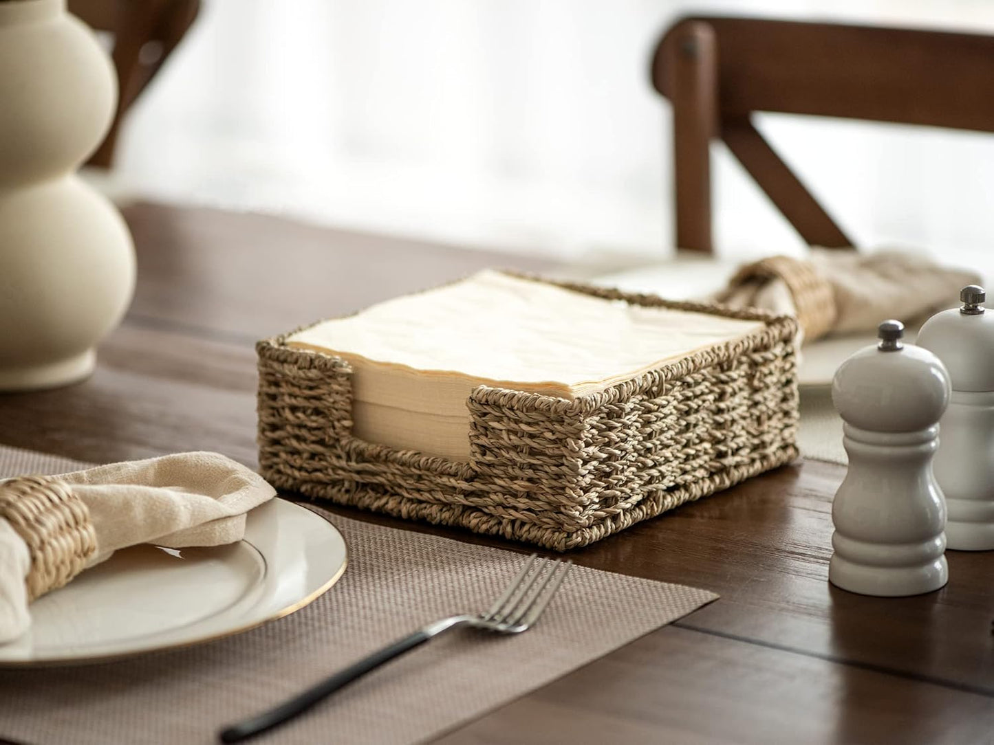 StorageWorks Seagrass Napkin Holder for Table, Wicker Napkin Baskets for Bathroom, Rustic Napkin Dispenser for Dinning Room, Guset Room, 7 ½"L x 7 ½"W x 2 ¾"H, 1 Pack
