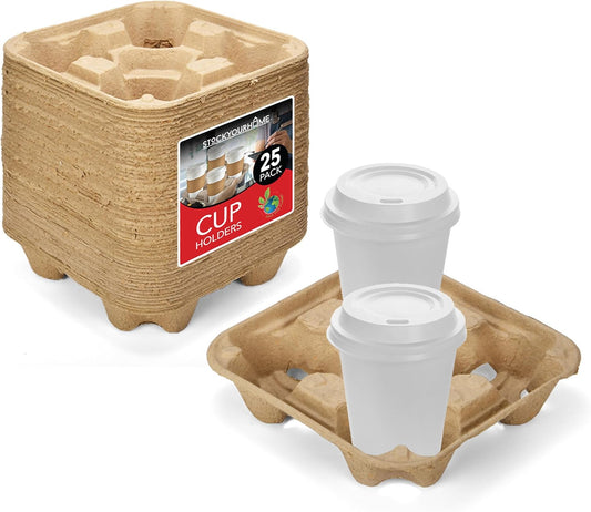 4 Cup Disposable Coffee Tray (25 Count) - Commercially Compostable Cup Holder - Durable Drink Carrier for Hot or Cold Drinks, Uber Eats - to Go Coffee Cup Holder for Food Delivery Service