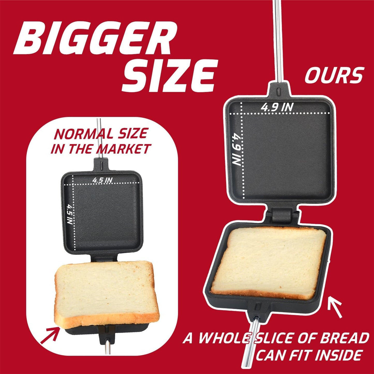 Campfire Pie Iron 4.9" Large Cast Iron Sandwich Maker for Camping 2 Pcs with Storage Bag - 22.6 inch Thickened Handles - Campfire Cooking Equipment for Grilling & Outdoor Cooking