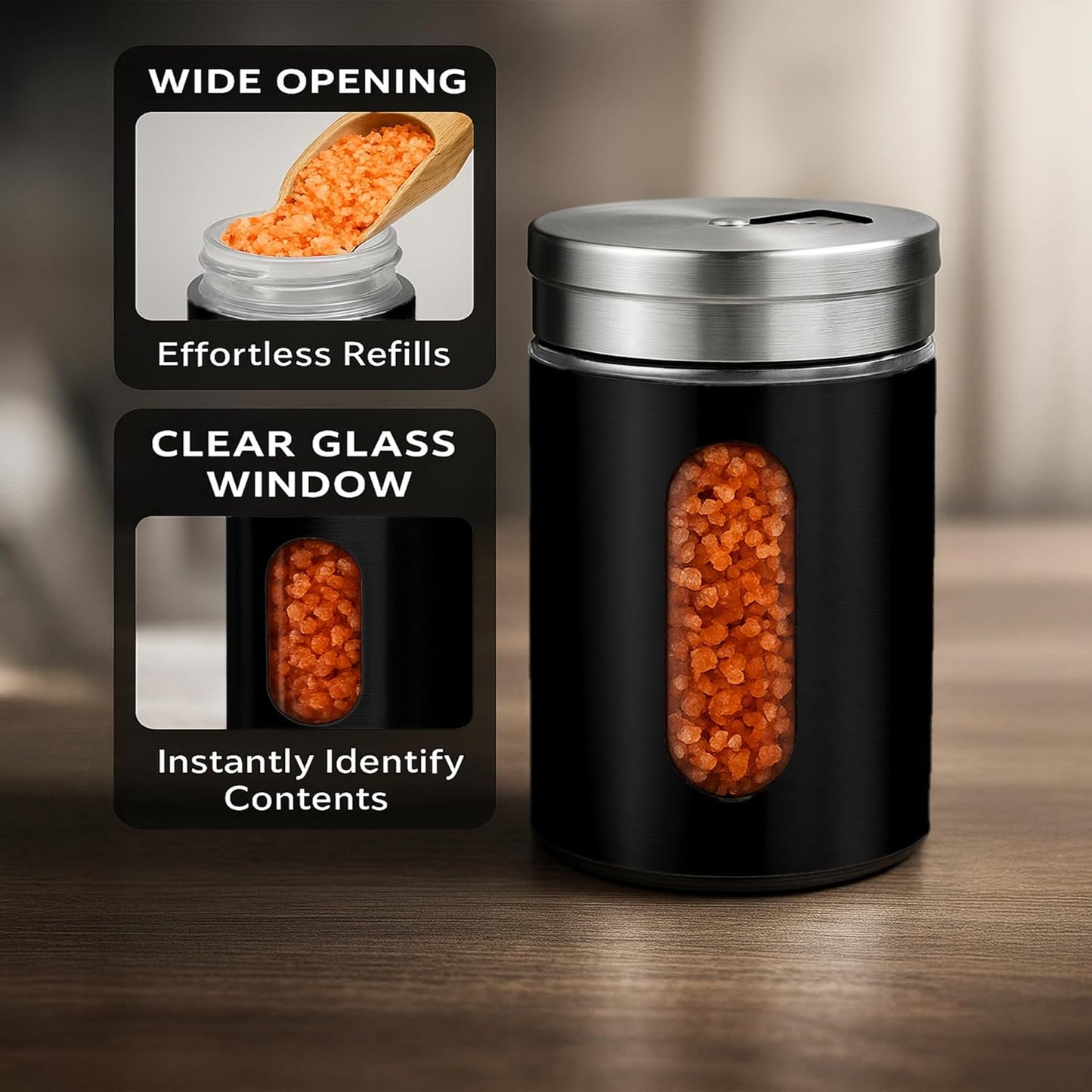 4-Piece Premium Stainless Steel Salt and Pepper Shakers Set – Adjustable Pour Holes Spice Dispenser for Salt, Sugar, Cinnamon, and Pepper – Stylish Kitchen Seasoning and Spice Shaker Set (Black)