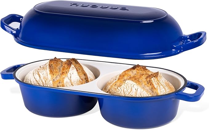 nuovva Dutch Oven For Sourdough Bread Baking – Enamelled Cast Iron Bread Loaf Pot – 500°F Oven Safe Non Stick Bread Pot – Double Round Loaf Space, 16.5cm Diameter, Dark Blue