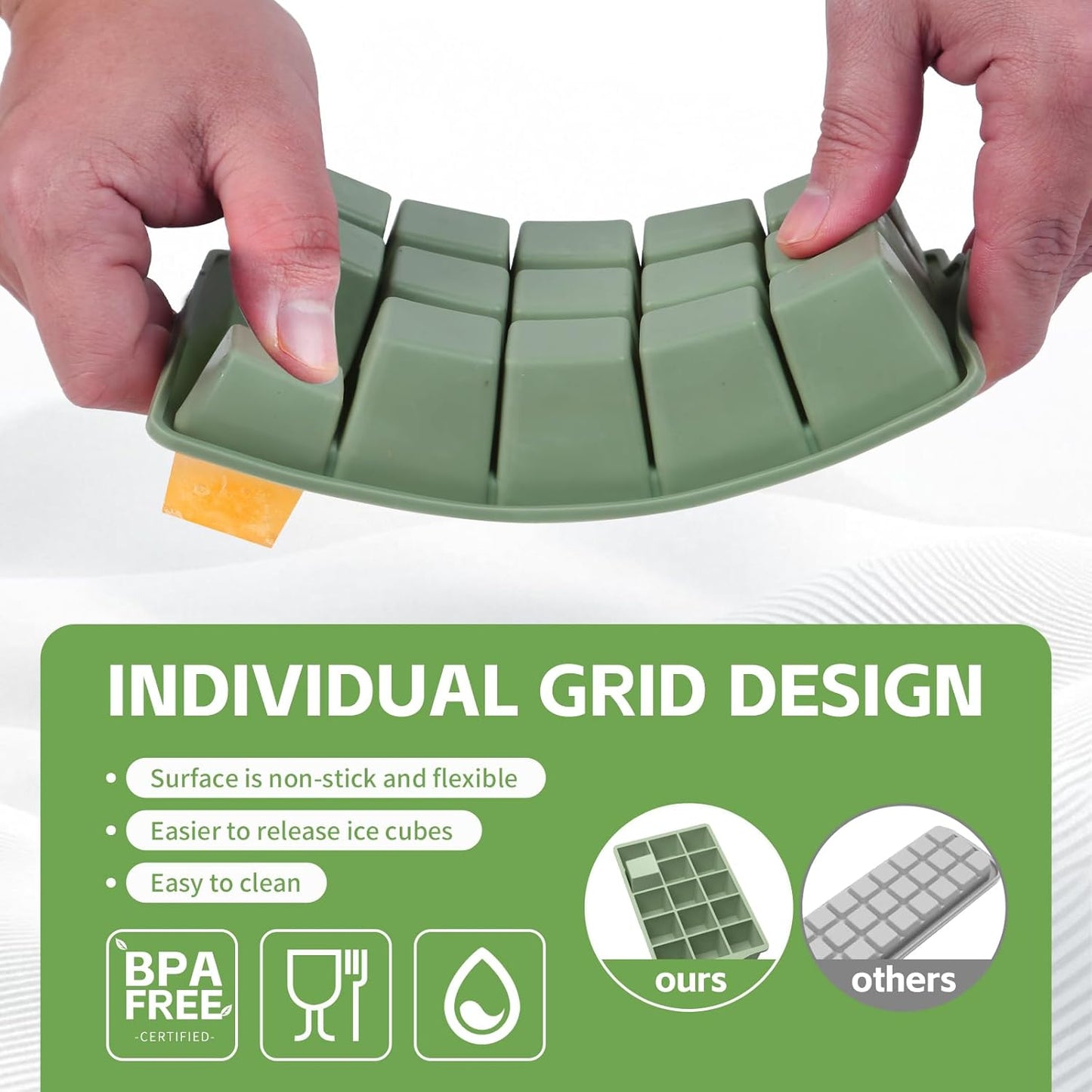 Silicone Ice Cube Tray, 2 Pack Easy-Release Stackable Ice Trays for Freezer with Lid 15 Reusable Cubes, Food Grade BPA Free Ice Molds for Whiskey, Baby Food, Coffee, Cocktail, Drinks (Green)