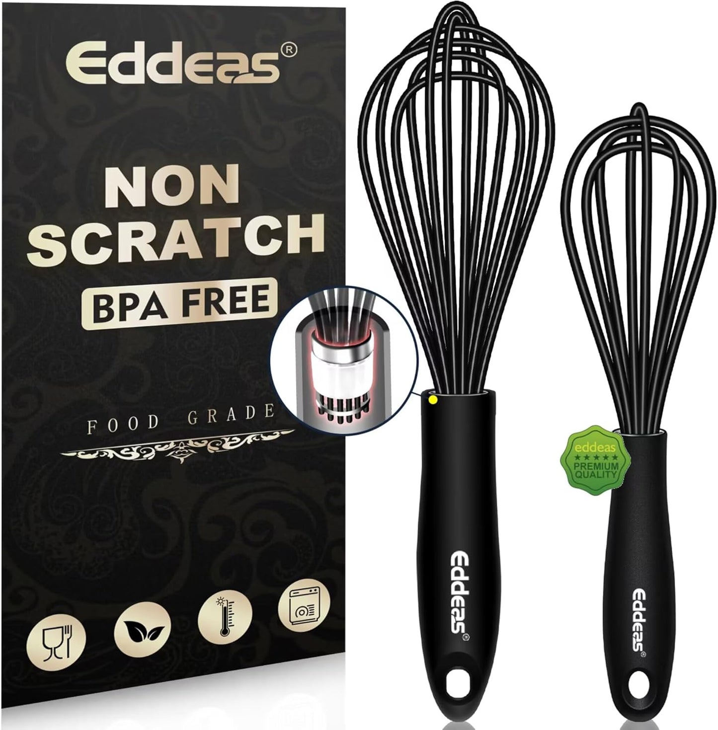 Mini Silicone Whisk, Small Silicone Whisk 7+9in, BPA free Non Scratch Coated Protect your Ceramic Pots and Pan.Perfect for Whisking, Beating, Mixing.Black