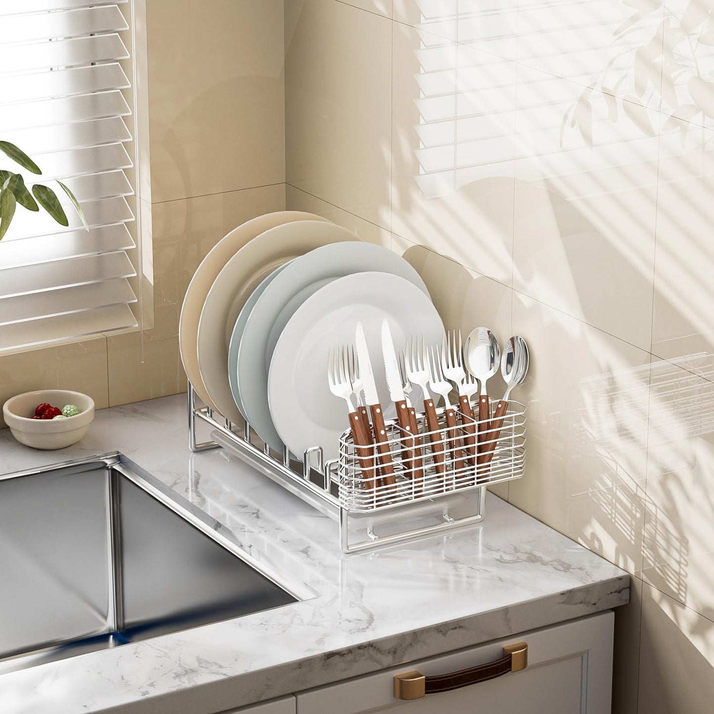 JAQ Utensil Holder for Sink, Sus304 Stainless Steel Rust Free Silverware Cutlery Flatware Holder Rack Organizer with Hooks for Dish Drying Rack Sink Dish Drainer in Kitchen Bathroom