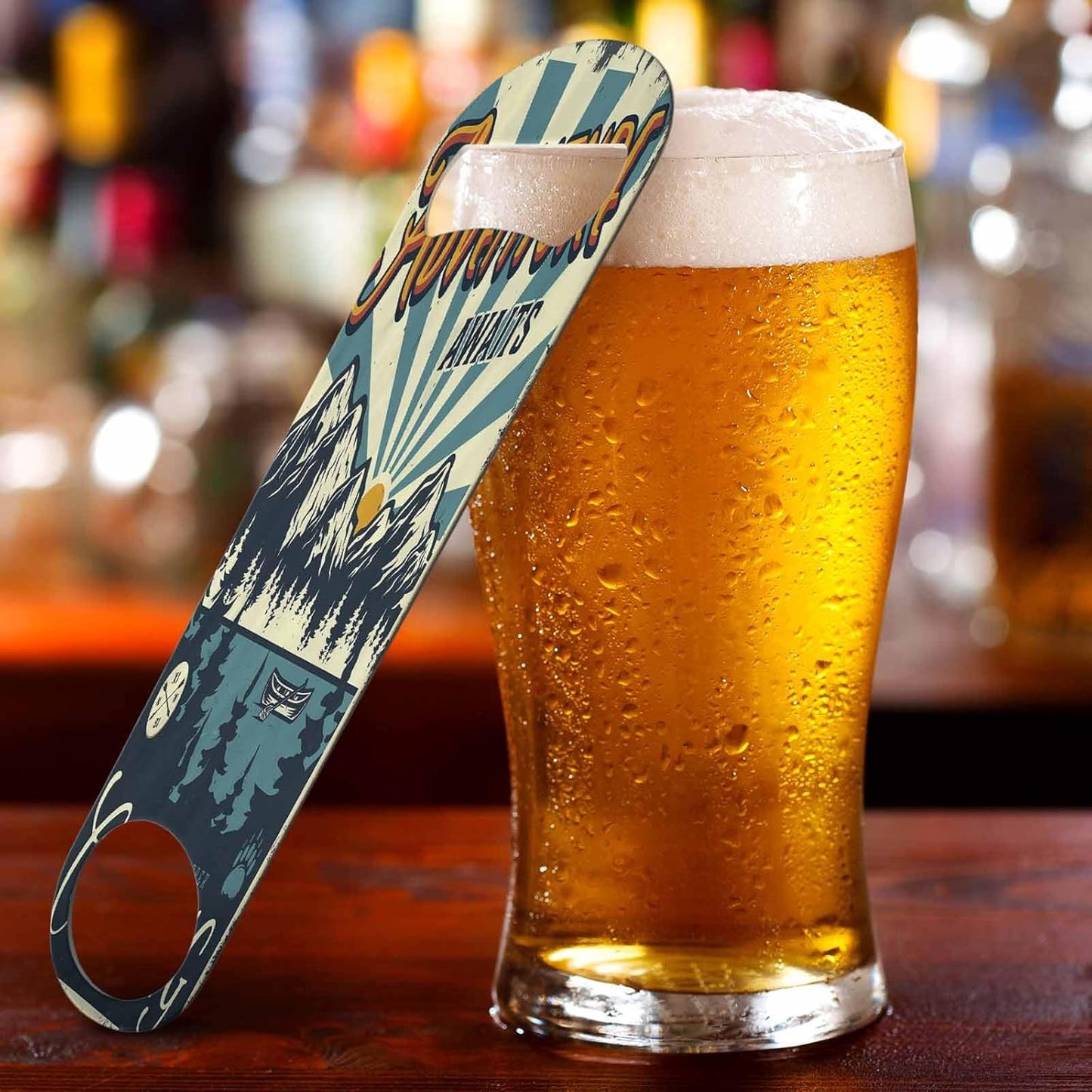 Adventure Awaits Stainless Steel Bottle Opener Vintage Canoe Boat Forest and Mountains Landscape Flat Beer Bottle Opener Keychain for Home Kitchen Bar Restaurant Party Birthday Gift