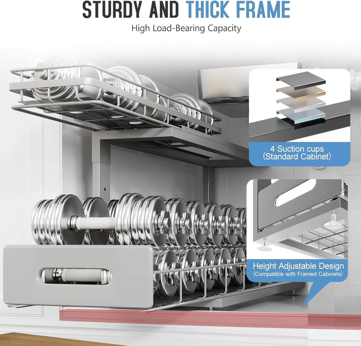 2 Pack 21 in Depth Pull Out Cabinet Storage with Smooth Rails,2-Tier Dual Pull Out Cabinet Storage for Bathroom Kitchen,Under Sink Shelf-Gun Gray