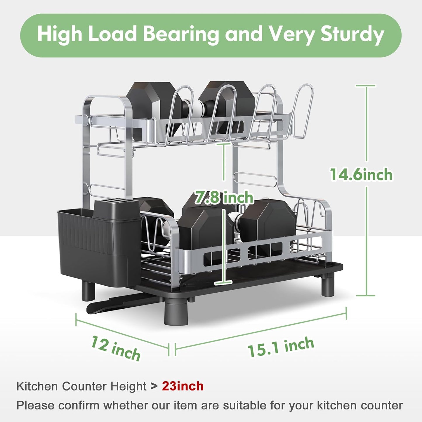 BOOSINY 2 Tier Stainless Steel Dish Drying Rack for Kitchen Counter, Large Dish Dryer Rack for Saving Space, Dish Drainers with Cup Holder & Utensil Holders, Silver