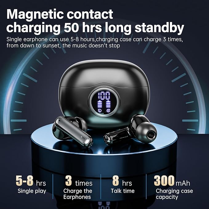 A10 Pro Wireless Earbuds, Bluetooth 5.3 Headphones HiFi Stereo 50H Playback LED Digital Display Ear Buds with ENC Noise Canceling Headset, IPX7 Waterproof Earphones for Gym/Running/Work