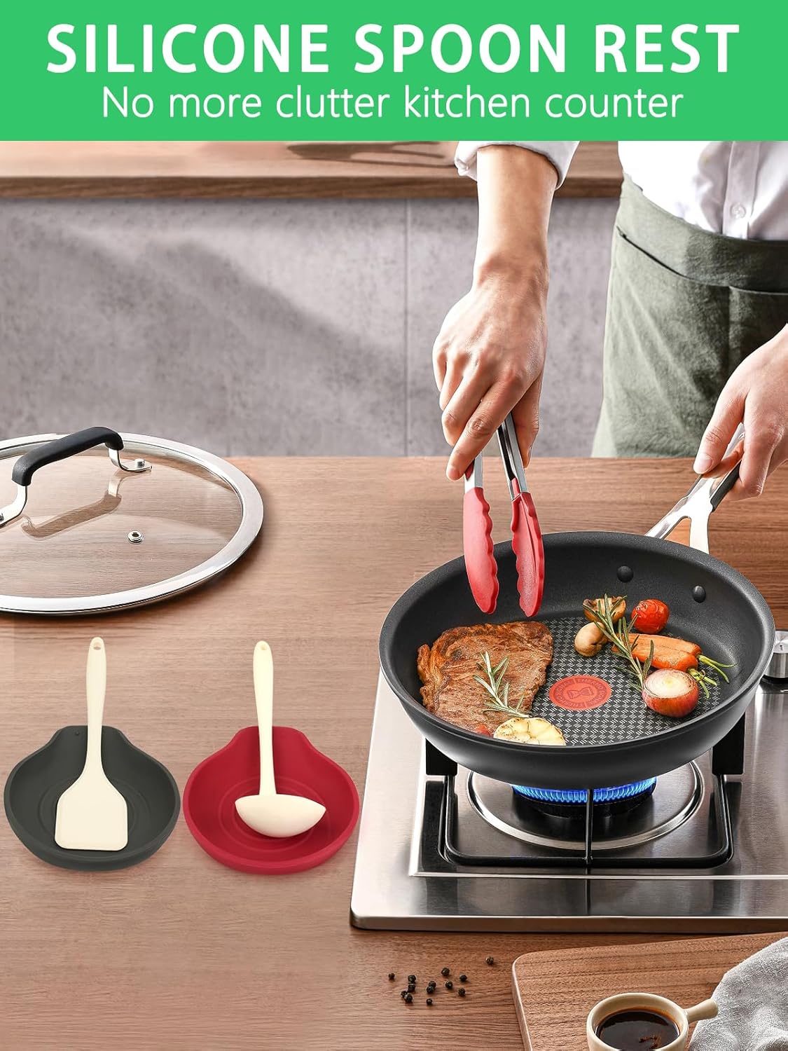 Spoon Rest for Stove Top Red, Set of 1 Silicone Spoon Rest for Kitchen Countertop, Heat-Resistant Utensil Rest for Spatula, Tongs or Spoon