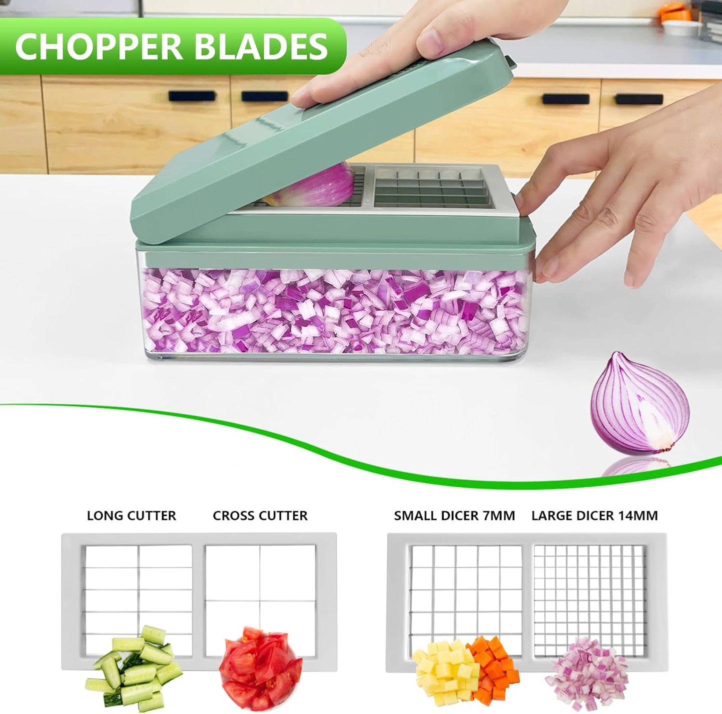 Vegetable Chopper, Onion Chopper Dicer, Mandoline Slicer, Food Chopper with Container, Vegetable Cutter for Salad Potato Carrot Garlic（10 Blades, Blue White）