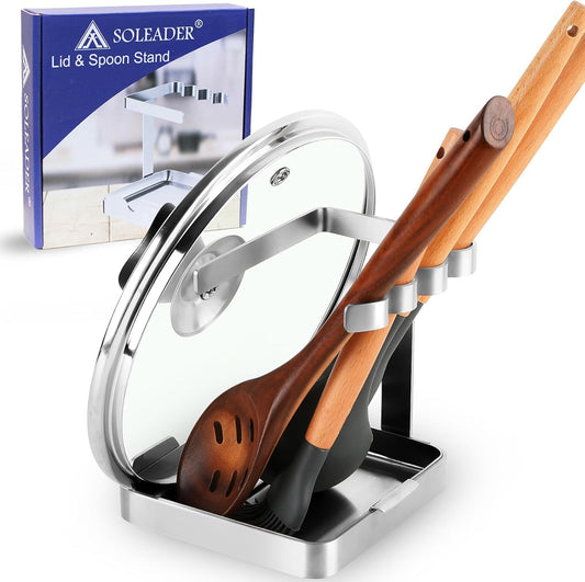 SOLEADER Vertical Spoon Rest and Lid Stand for Stove Top kitchen Utensils Pot Lid Holder and Organizer for Kitchen Counter Foodgrade Stainless Steel with Drip Tray and Handle