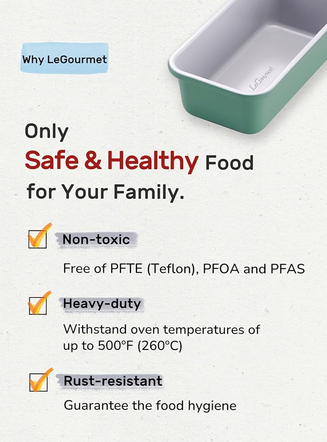 LeGourmet Nonstick Bread Loaf Pan 9 X 5 Inch, Ceramic Coating, Non-Toxic, Rust Resistant Aluminized Steel, Perfect 1 lb Baking Dish for Meatloaf, Pound Cake & Brownie (Rosemary 2pcs)